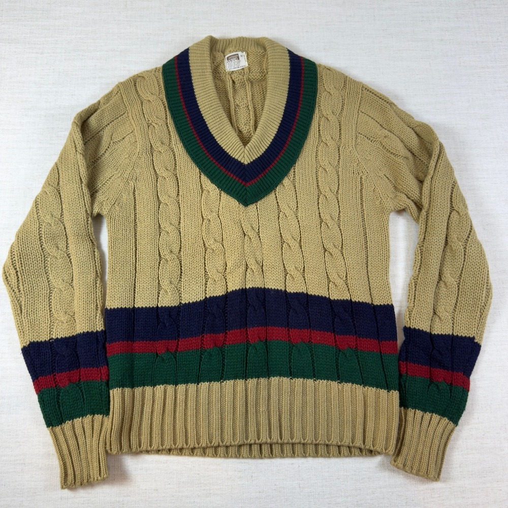 Vintage Montgomery Ward Mens Cable Knit Sweater Tan Striped V-Neck Acrylic M